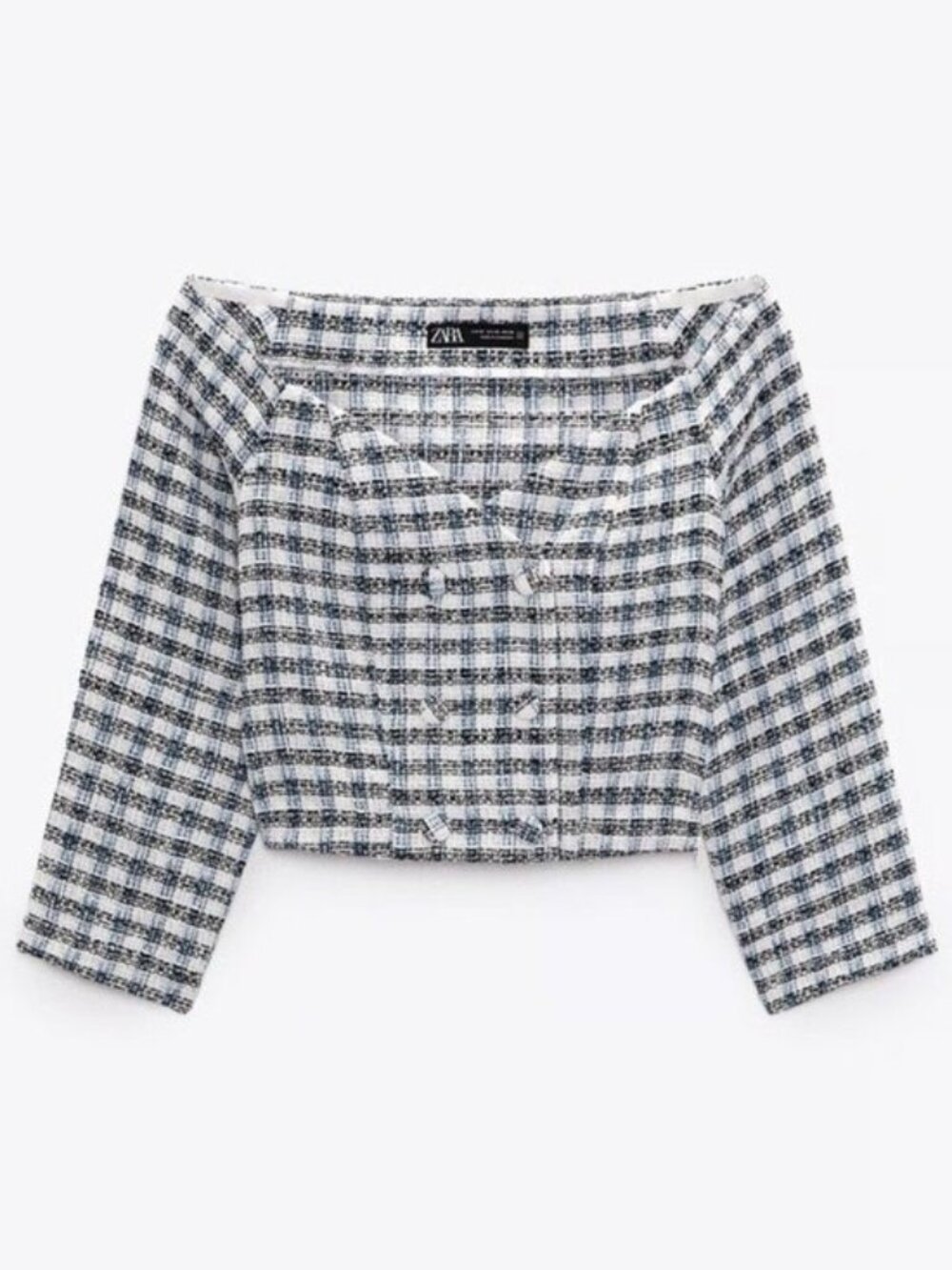 Zara Tweed Feminine Preppy Top Textured Button Crop Academia Blue White